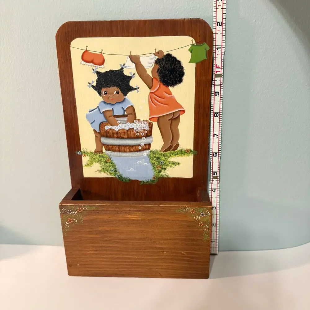 Hand Painted Wooden Caddy Little Girls Laundry Clothesline Washboard Floral